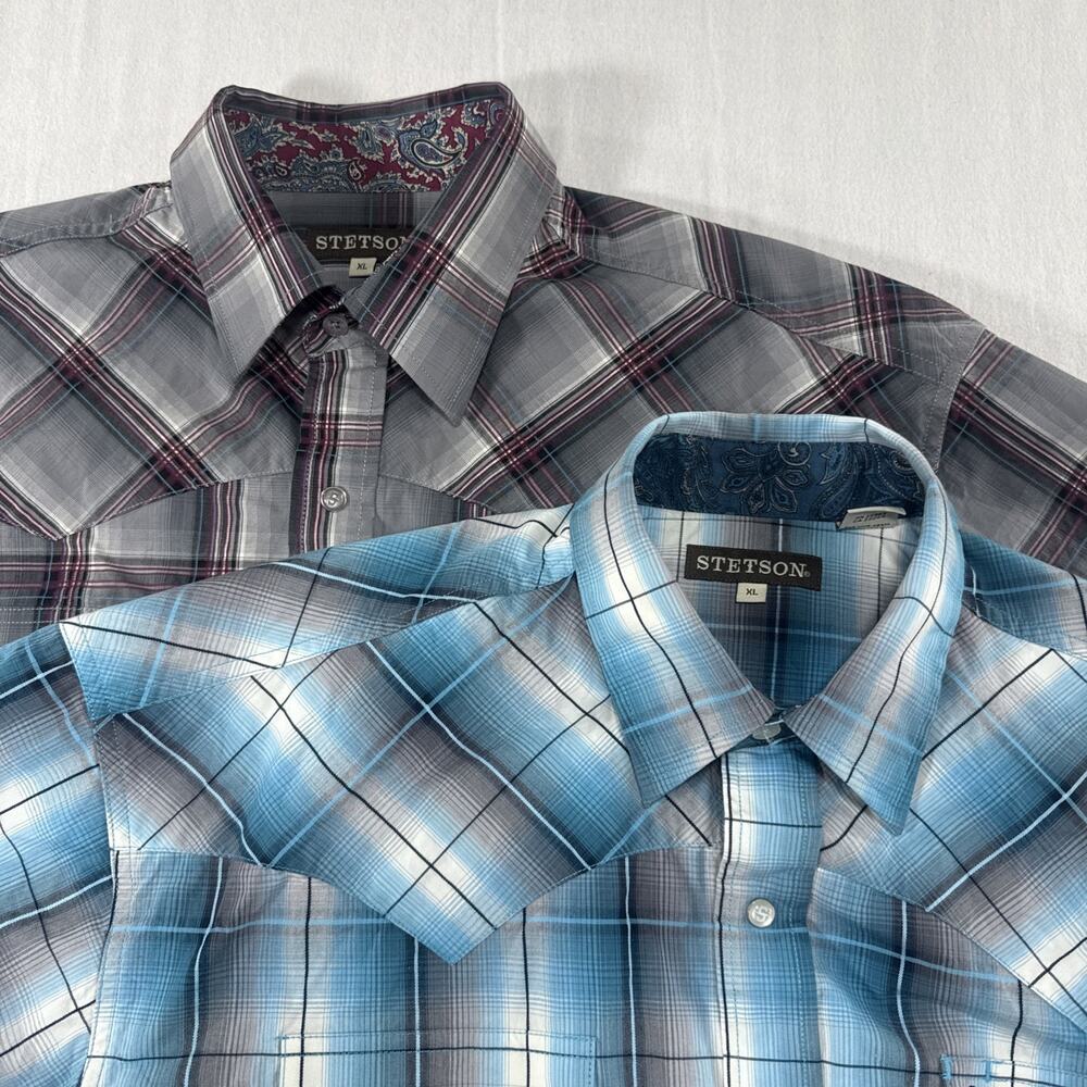 Lot Of 2 Stetson Western Pearl Snap Short Sleeve Shirts Plaid Red And Blue XL